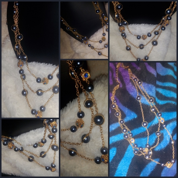 Coldwater Creek Tri Layered Gold Necklace with Blue& Gold Round/Square Pendants - Picture 3 of 5